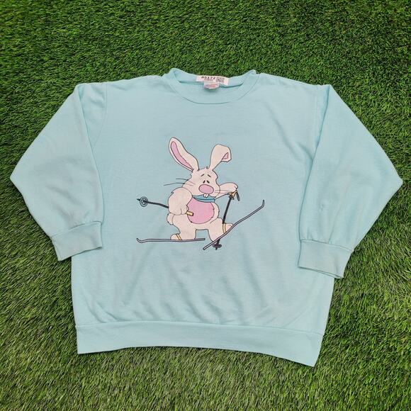 Vintage 80s Bunny Skiing Sweatshirt Womens XL 22x22 Boxy USA - Picture 1 of 15